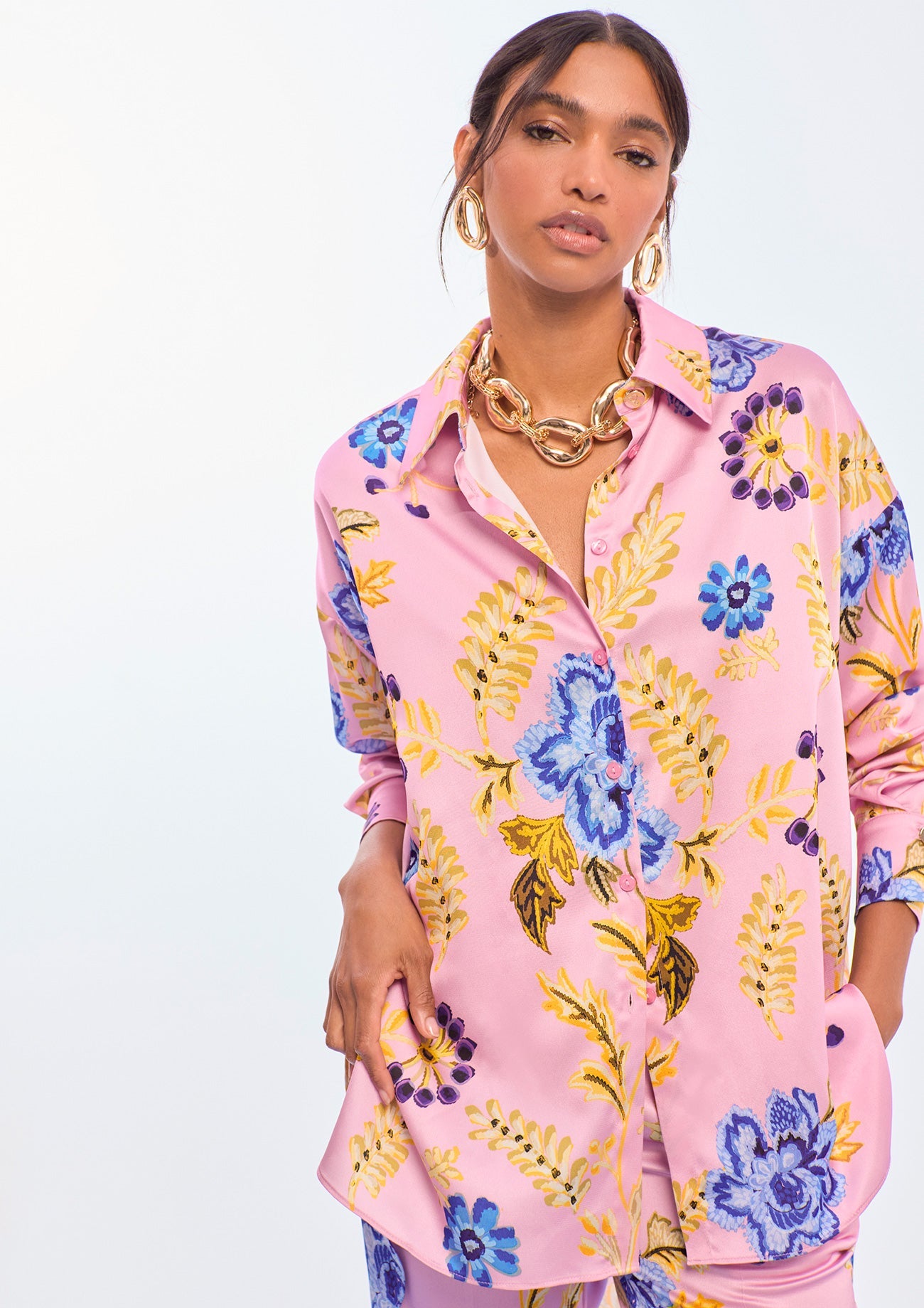 Oversized Satin Floral Print Shirt