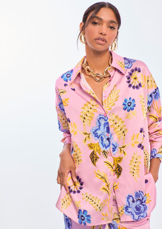 Oversized Satin Floral Print Shirt