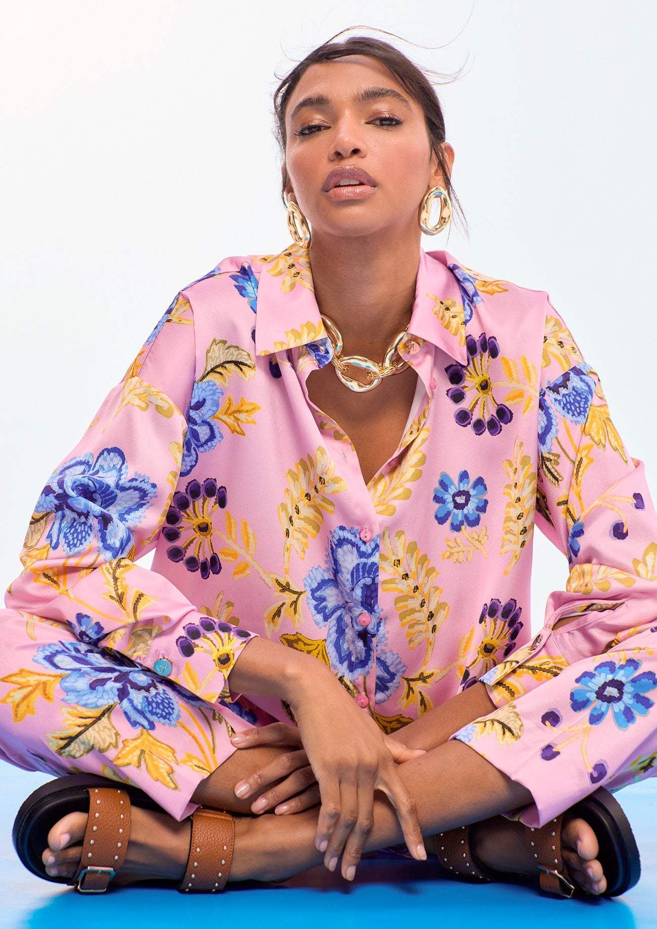Oversized Satin Floral Print Shirt