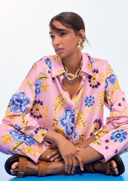 Oversized Satin Floral Print Shirt