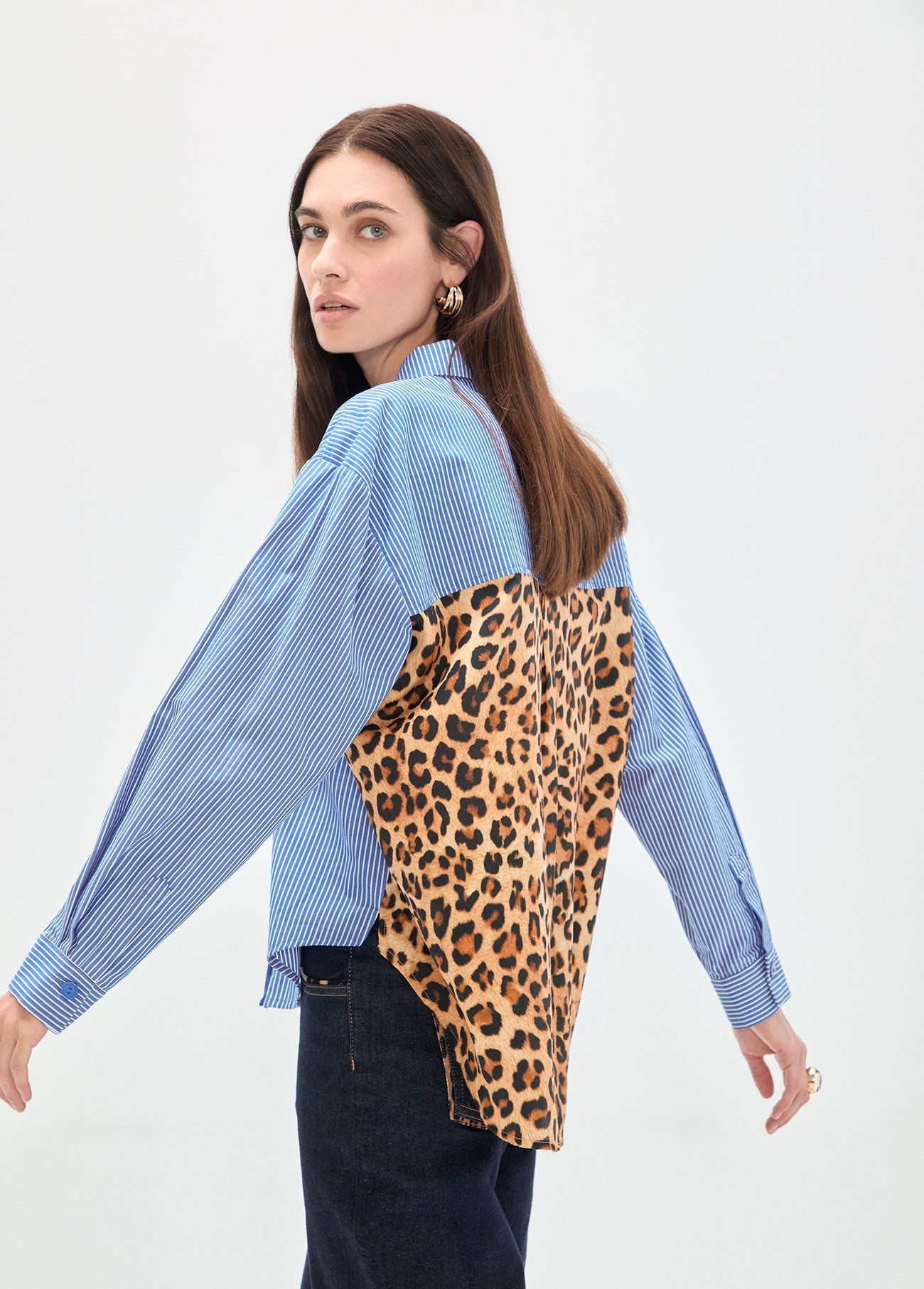 Striped and Animal Print Poplin Shirt