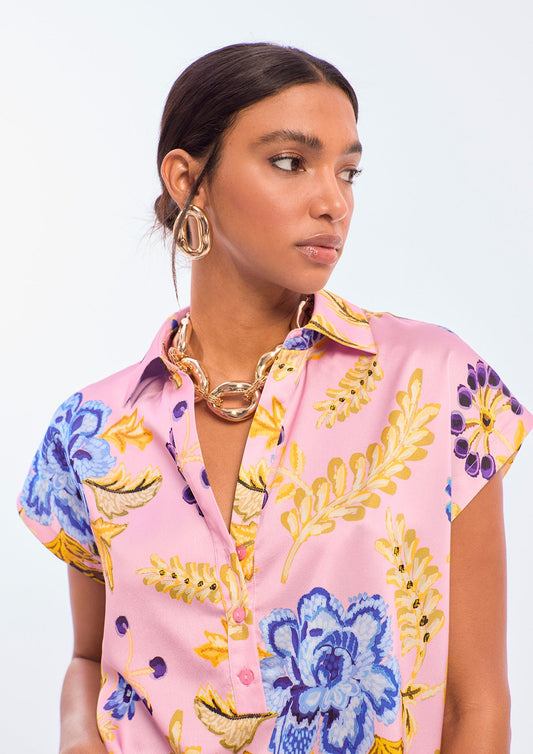 Floral Print Polo Collar Blouse