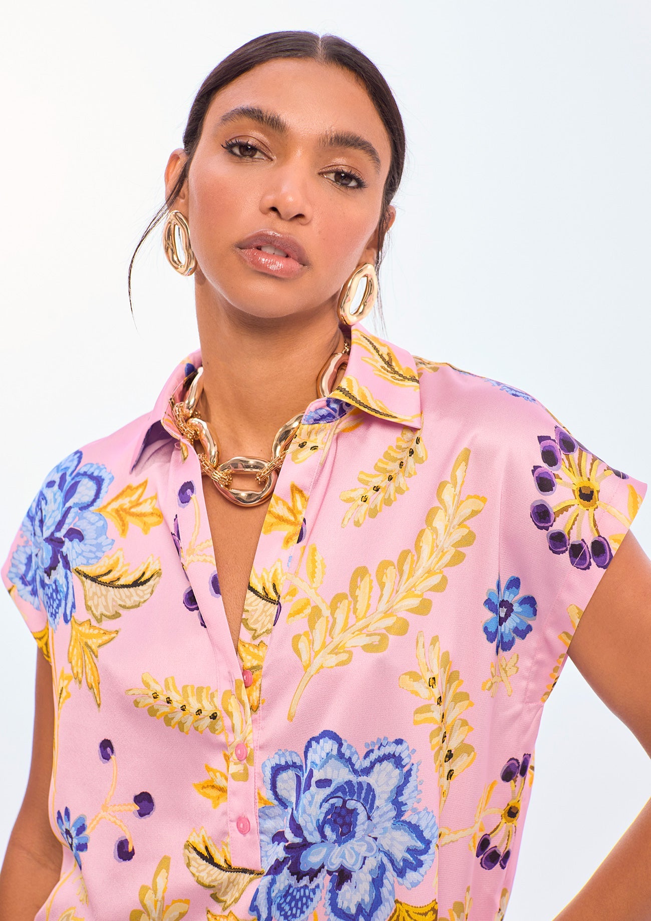 Floral Print Polo Collar Blouse