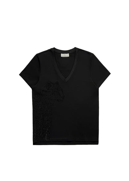 V-neck T-shirt with Positioned Animal and Strass