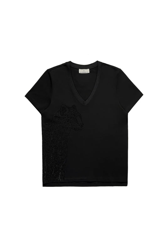 V-neck T-shirt with Positioned Animal and Strass