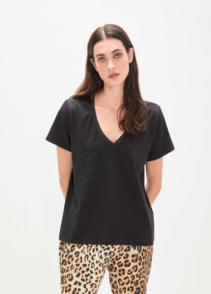 V-neck T-shirt with Positioned Animal and Strass