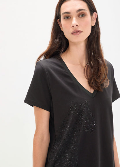 V-neck T-shirt with Positioned Animal and Strass