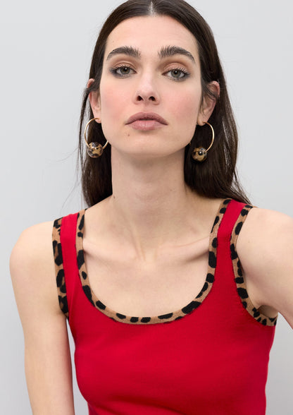 Top with Animal Print Rib Contrast