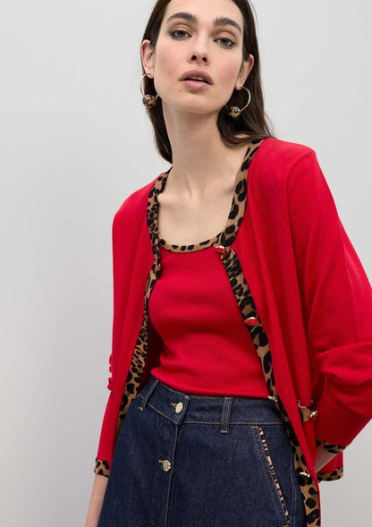 Top with Animal Print Rib Contrast