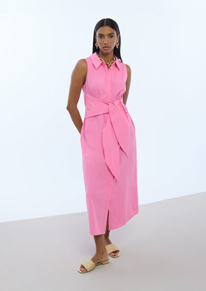 Sleeveless Knot Detail Poplin Shirtdress