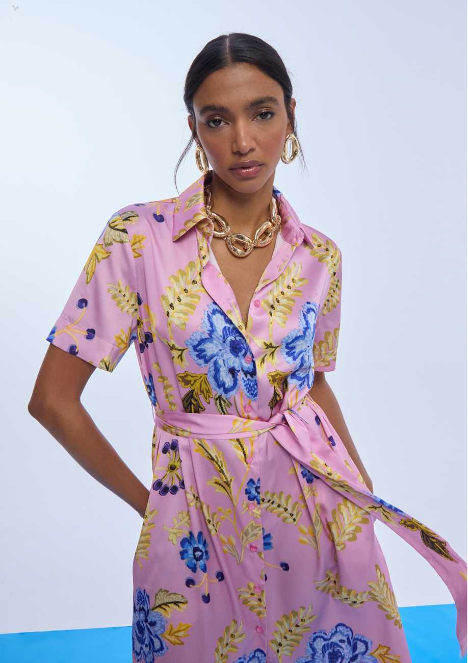 Satin Shirt Dress with Short Sleeves Floral Print