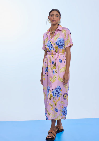 Satin Shirt Dress with Short Sleeves Floral Print