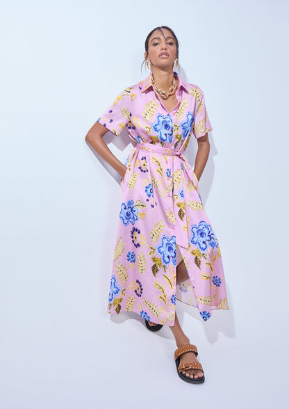 Satin Shirt Dress with Short Sleeves Floral Print