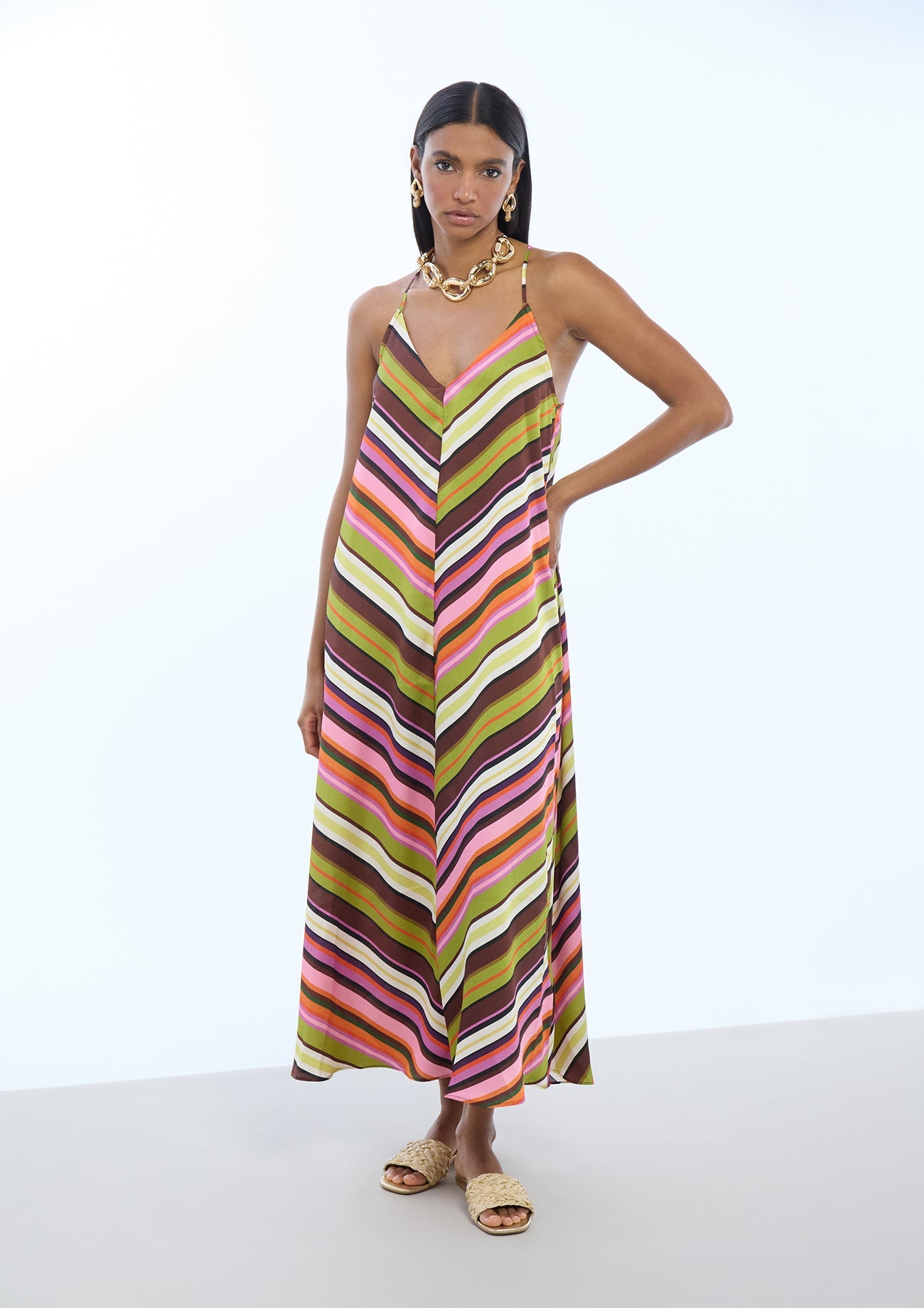 Satin Strappy Dress with Multicolor Stripes