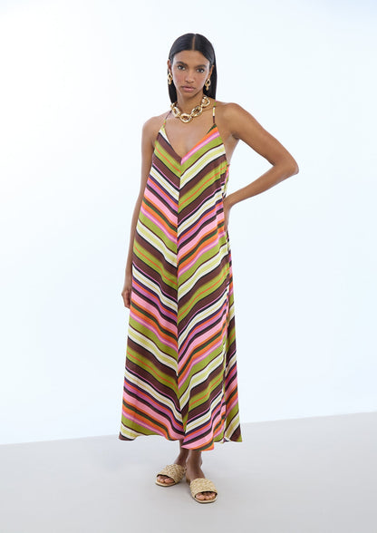 Satin Strappy Dress with Multicolor Stripes