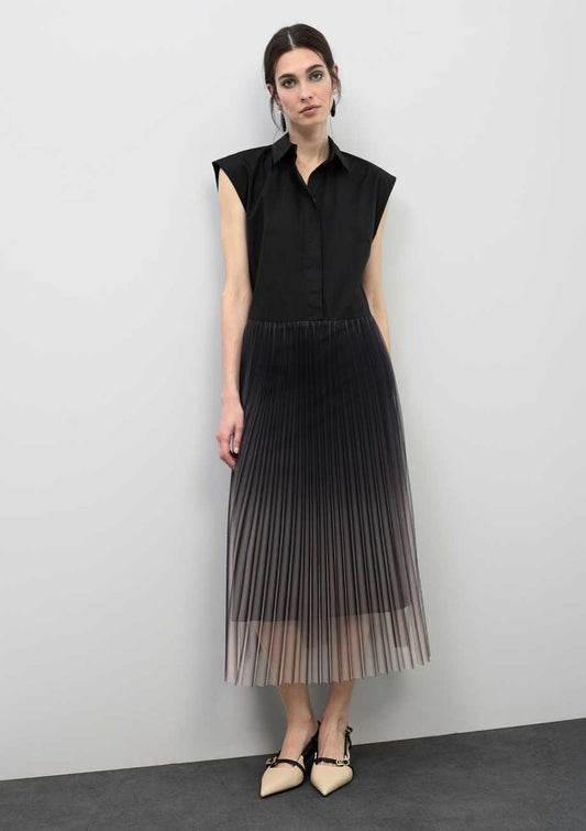 Shirt Collar Dress with Pleated Tulle Skirt