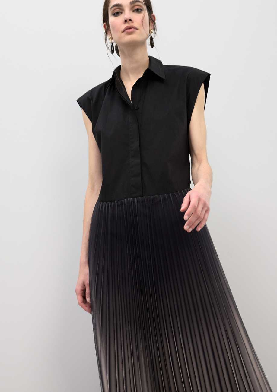 Shirt Collar Dress with Pleated Tulle Skirt
