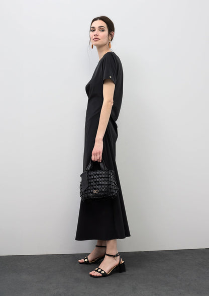 Elastic Midi Dress with Short Sleeves and Ruched Waist