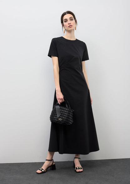 Elastic Midi Dress with Short Sleeves and Ruched Waist