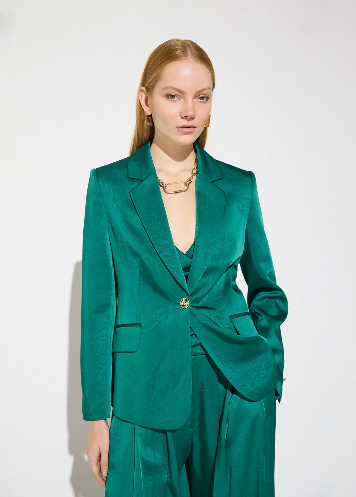 mf2602012-Satin crinkle blazer-Dark Green