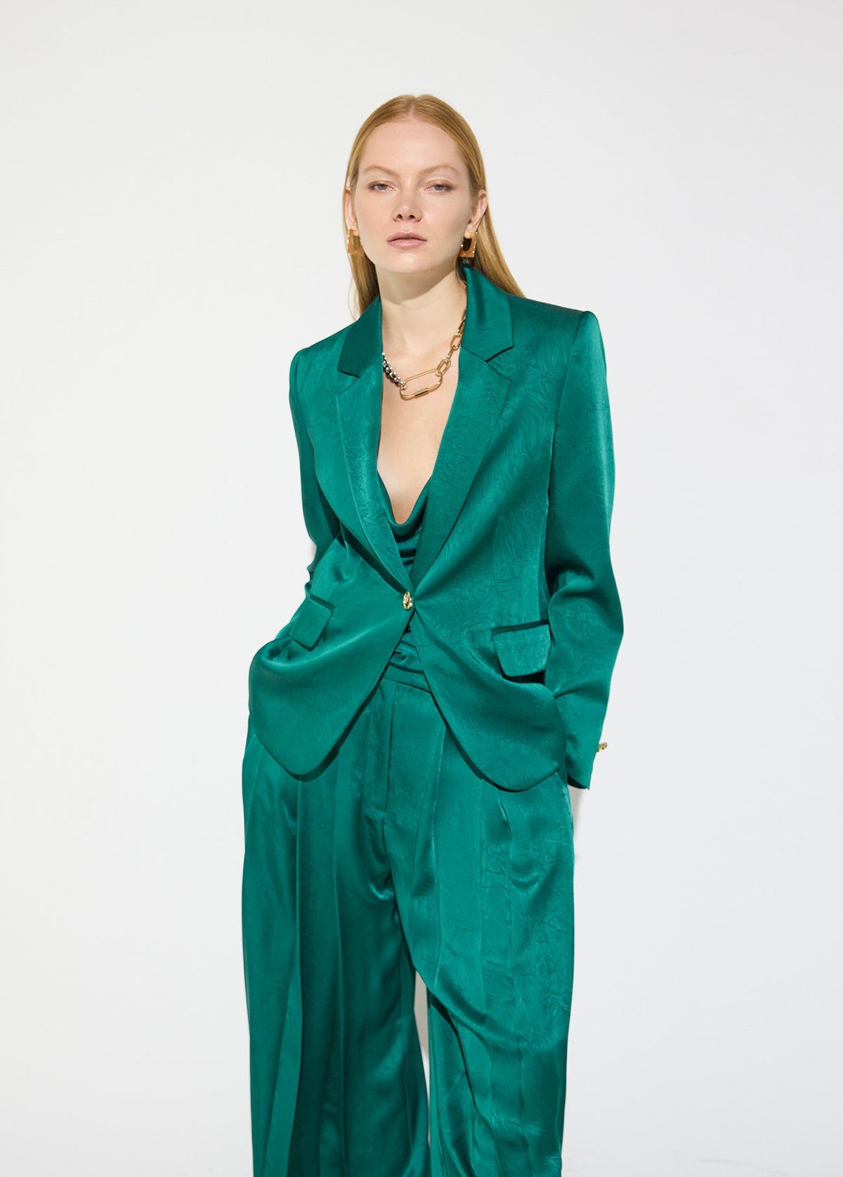 mf2602012-Satin crinkle blazer-Dark Green