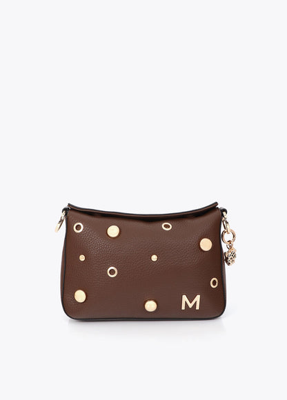 mf2604017-Multi-studded faux leather shoulder bag-Brown