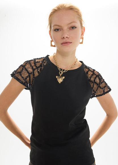 mf2615001-Fitted t-shirt with raglan sleeves in ''spider'' fabric-Black