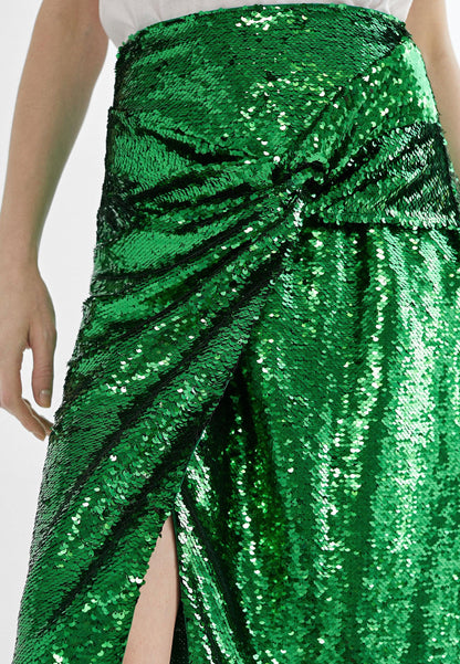 MS2408001-Green-Sequinned skirt with slit