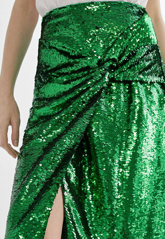 MS2408001-Green-Sequinned skirt with slit