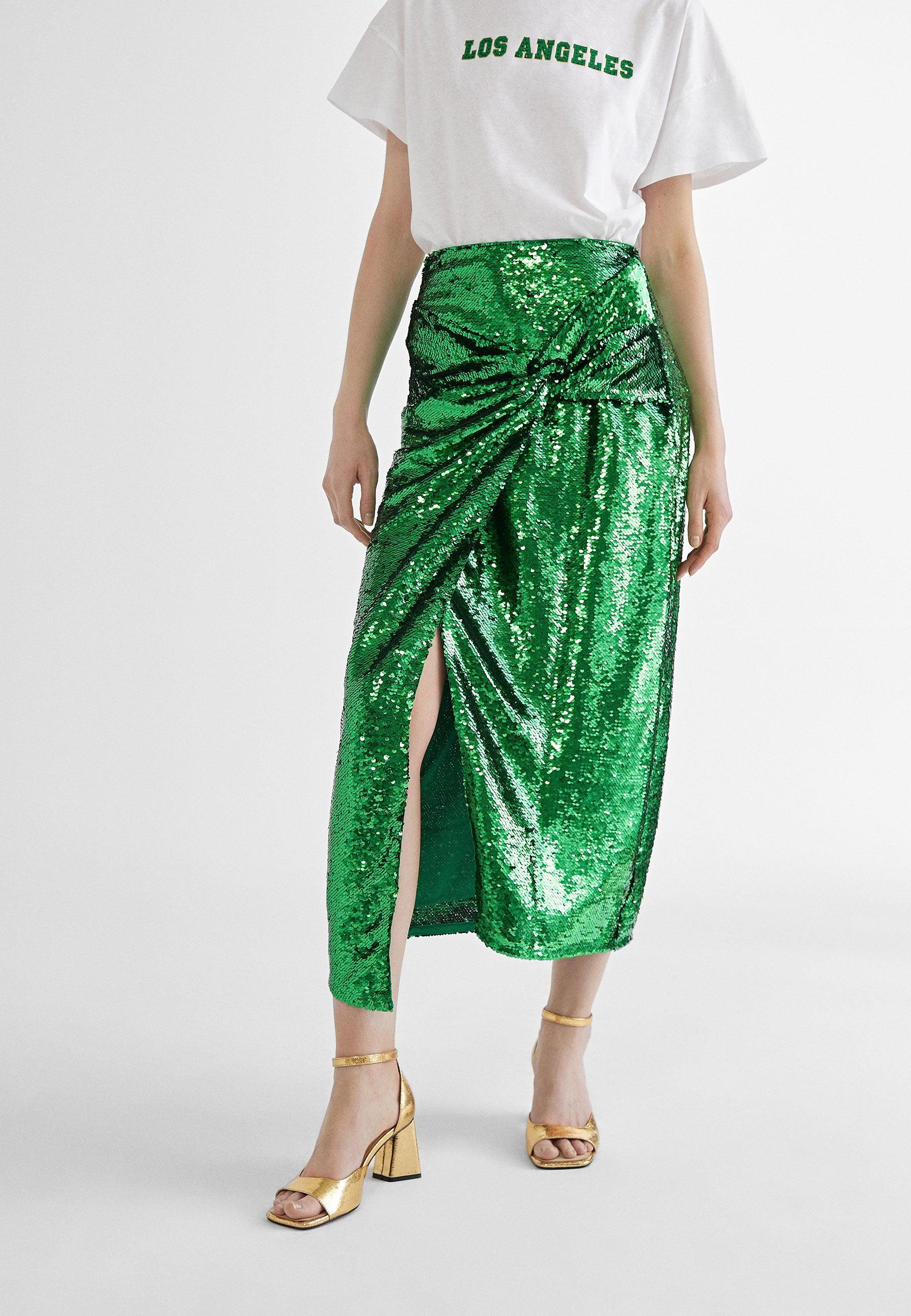 MS2408001-Green-Sequinned skirt with slit