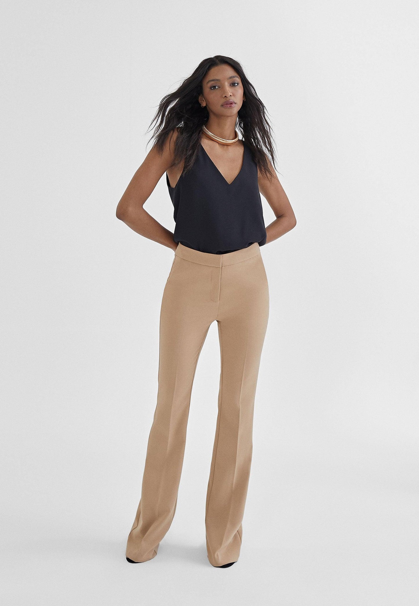 MS2414012-Beige-Fitted flared trousers