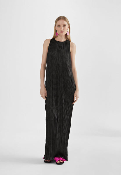 MS2416024-Black-Long pleated effect midi dress