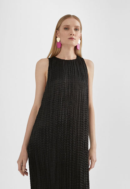 MS2416024-Black-Long pleated effect midi dress