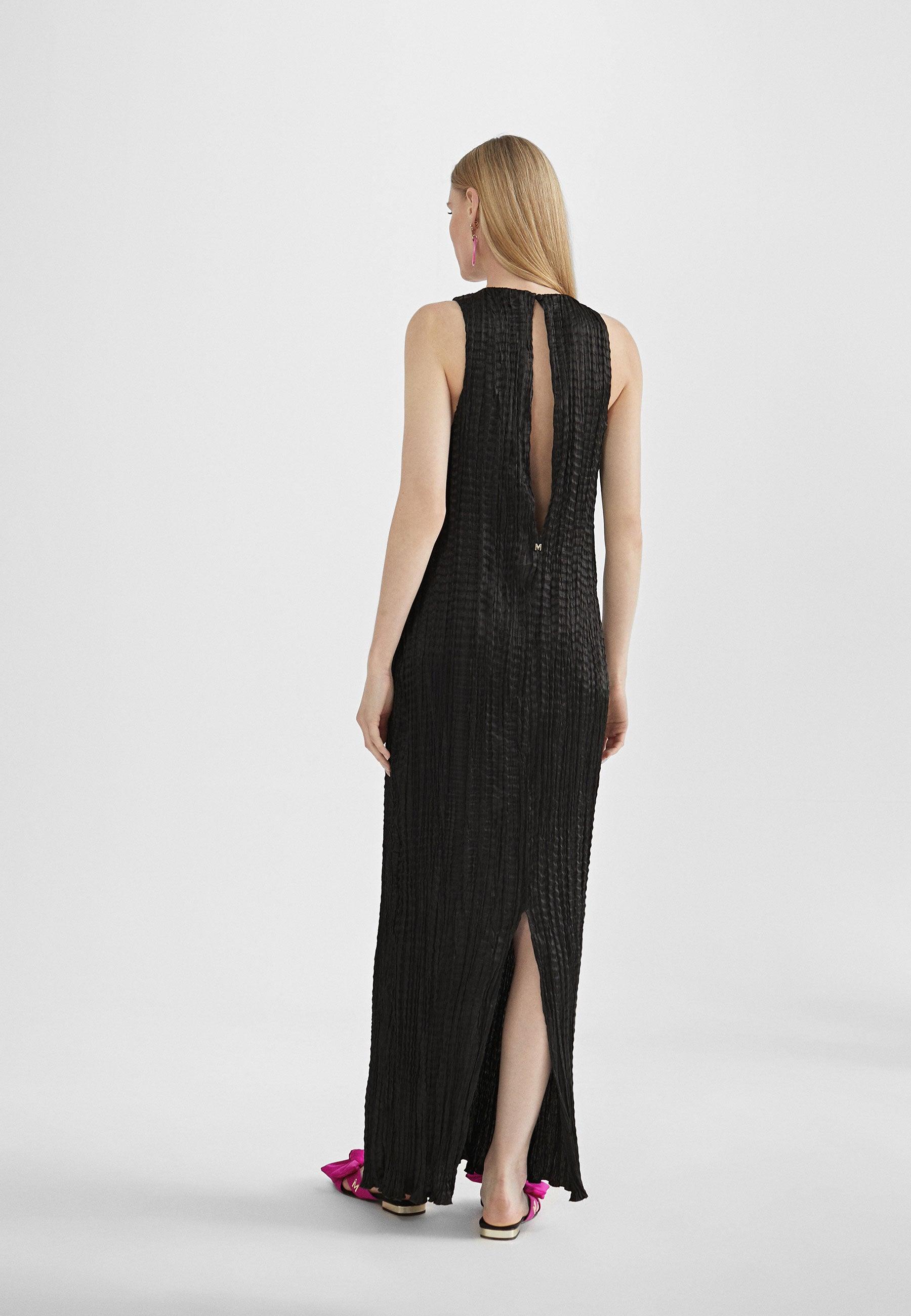 MS2416024-Black-Long pleated effect midi dress