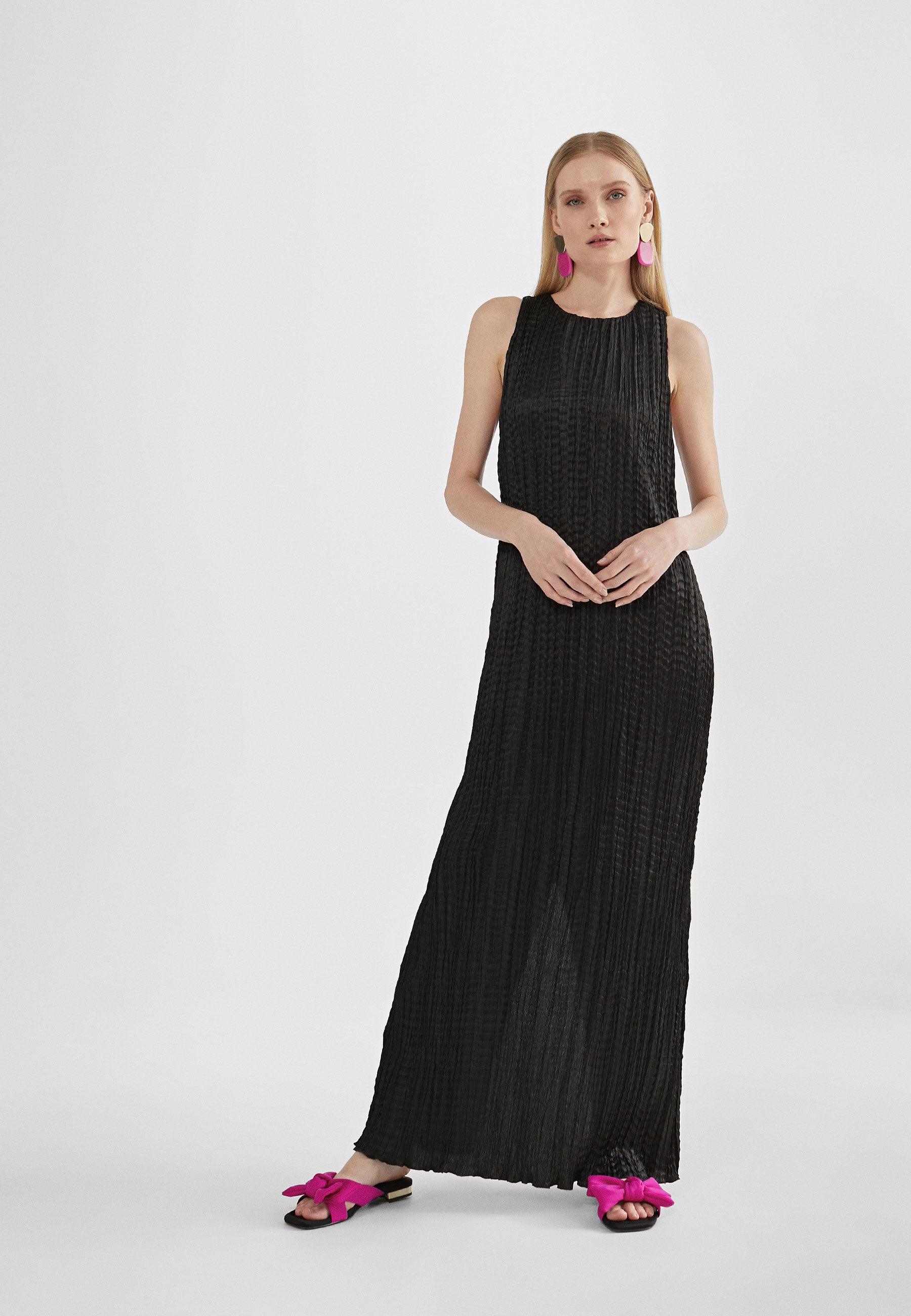 MS2416024-Black-Long pleated effect midi dress