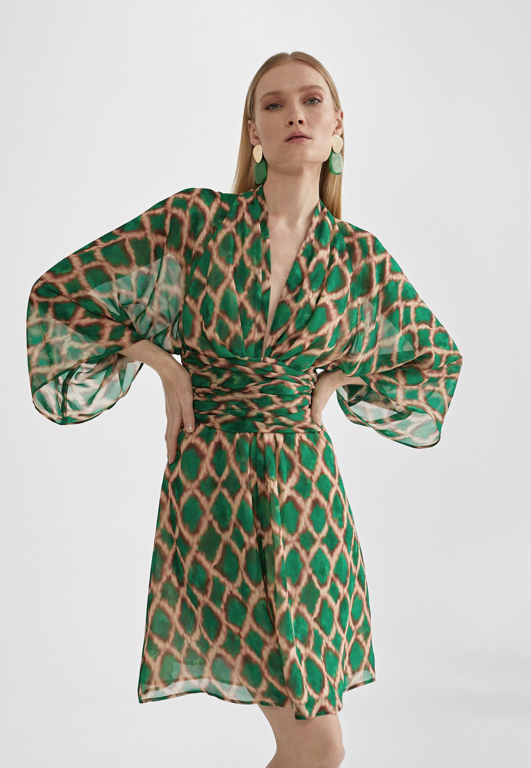 MS2416039-Green-Brown-Short flowing printed dress