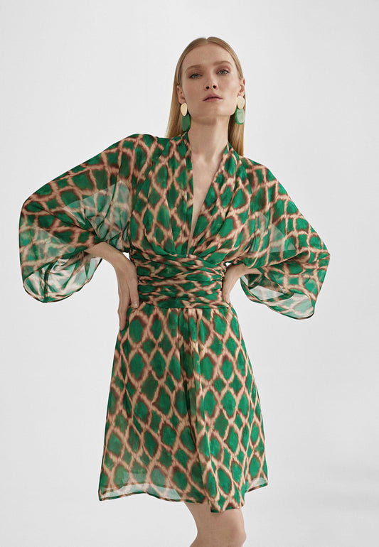 MS2416039-Green-Brown-Short flowing printed dress