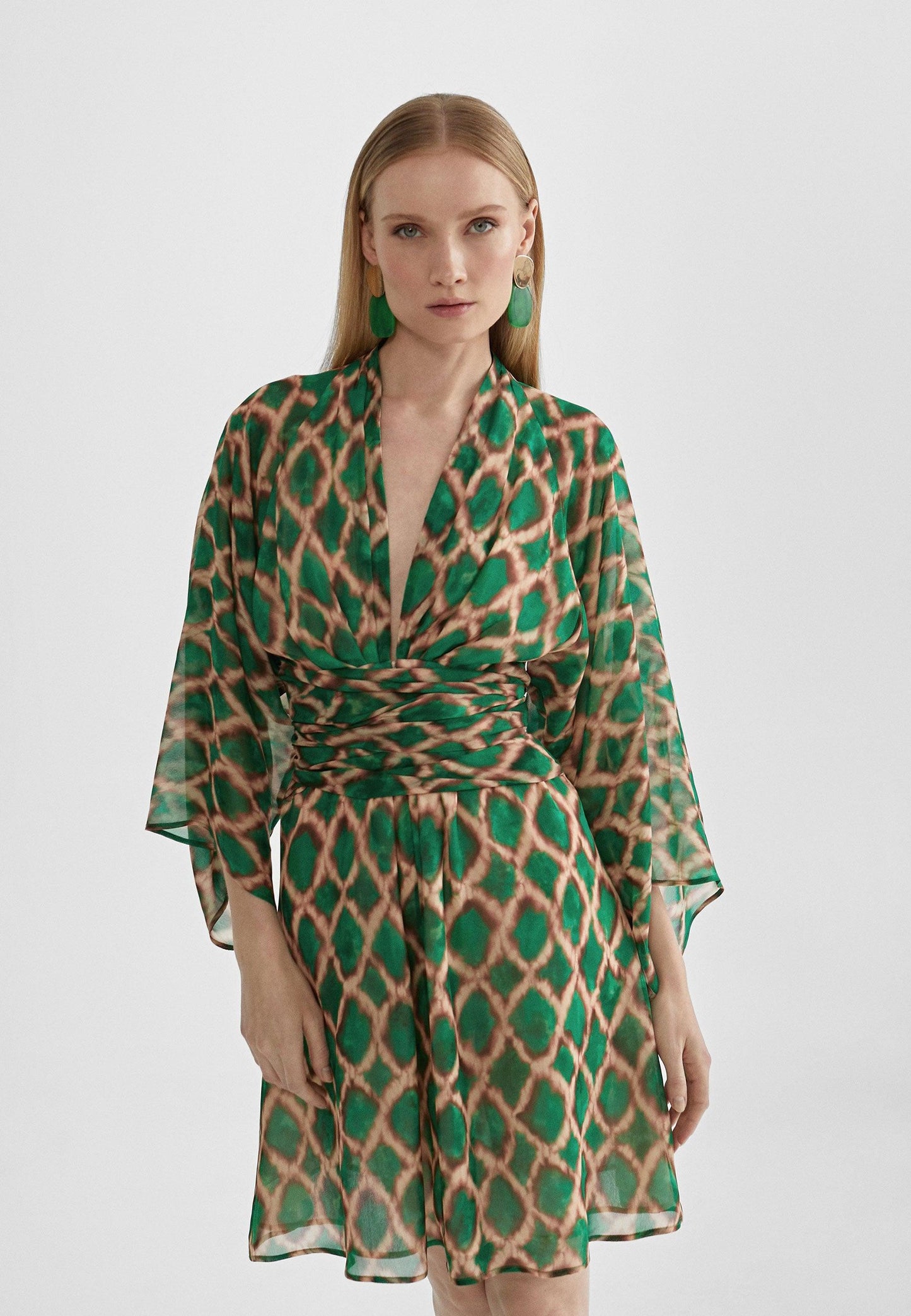 MS2416039-Green-Brown-Short flowing printed dress