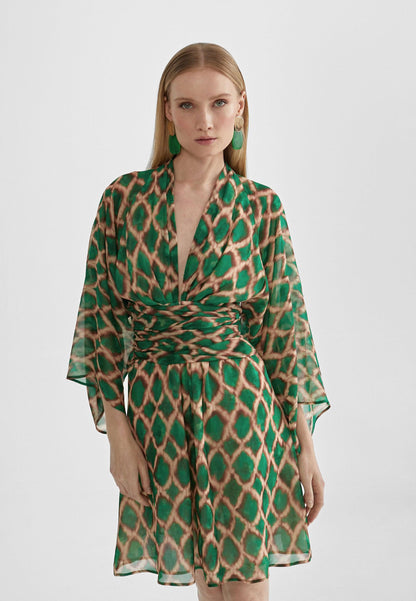 MS2416039-Green-Brown-Short flowing printed dress
