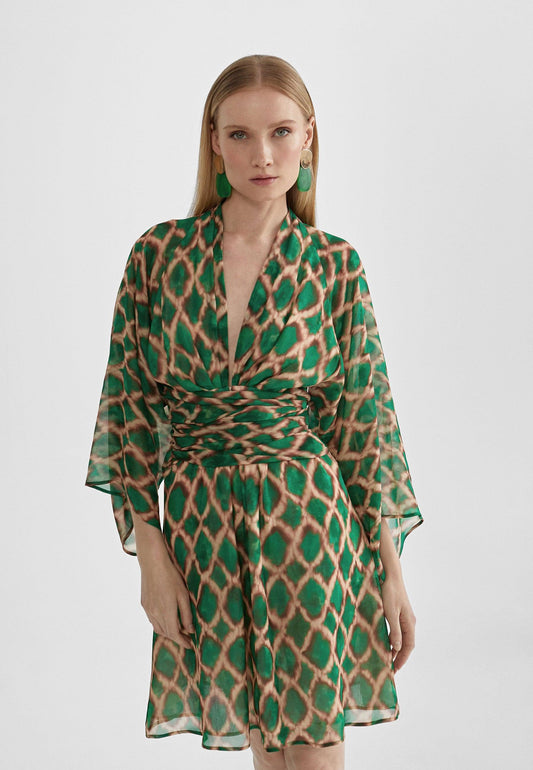 MS2416039-Green-Brown-Short flowing printed dress