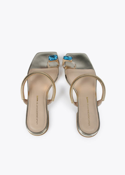 Metallic sandals with rhinestone ring detail