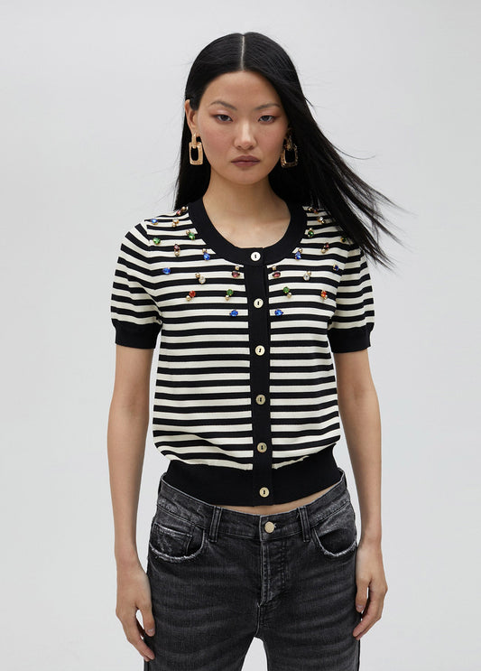 Striped cardigan with rhinestones