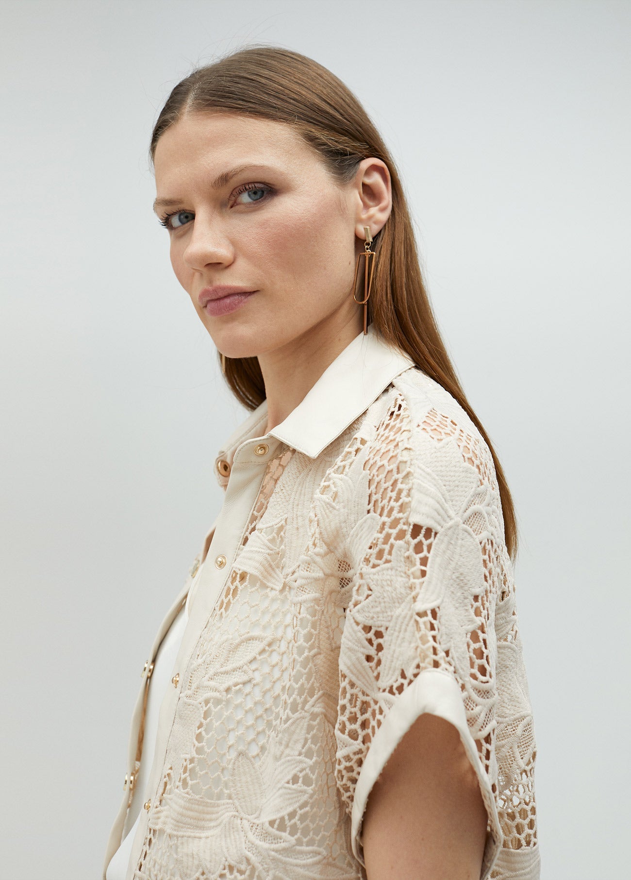 Cropped openwork guipure lace shirt