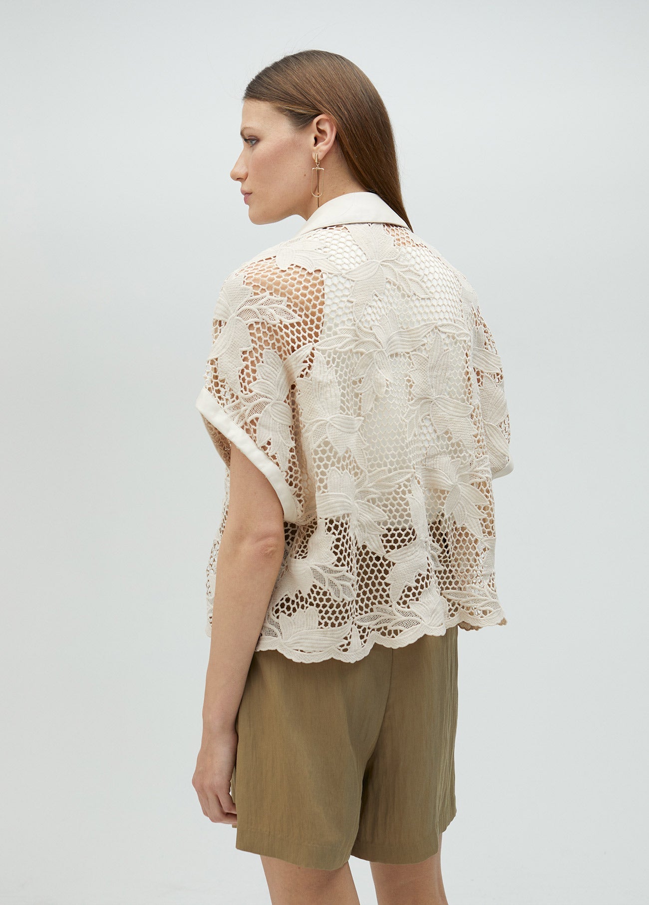 Cropped openwork guipure lace shirt