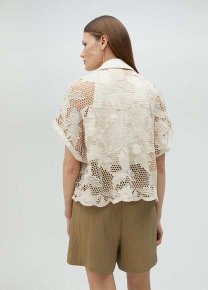 Cropped openwork guipure lace shirt