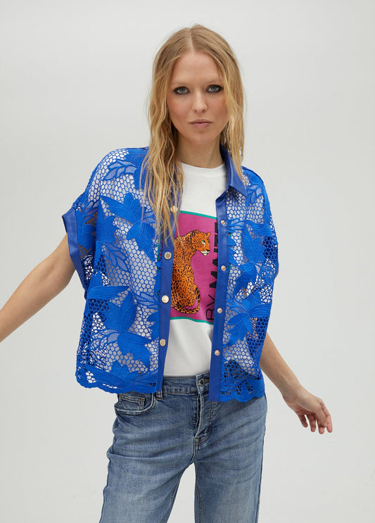 Cropped openwork guipure lace shirt