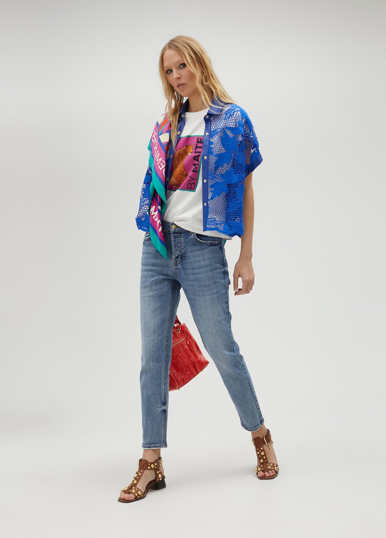 Cropped openwork guipure lace shirt