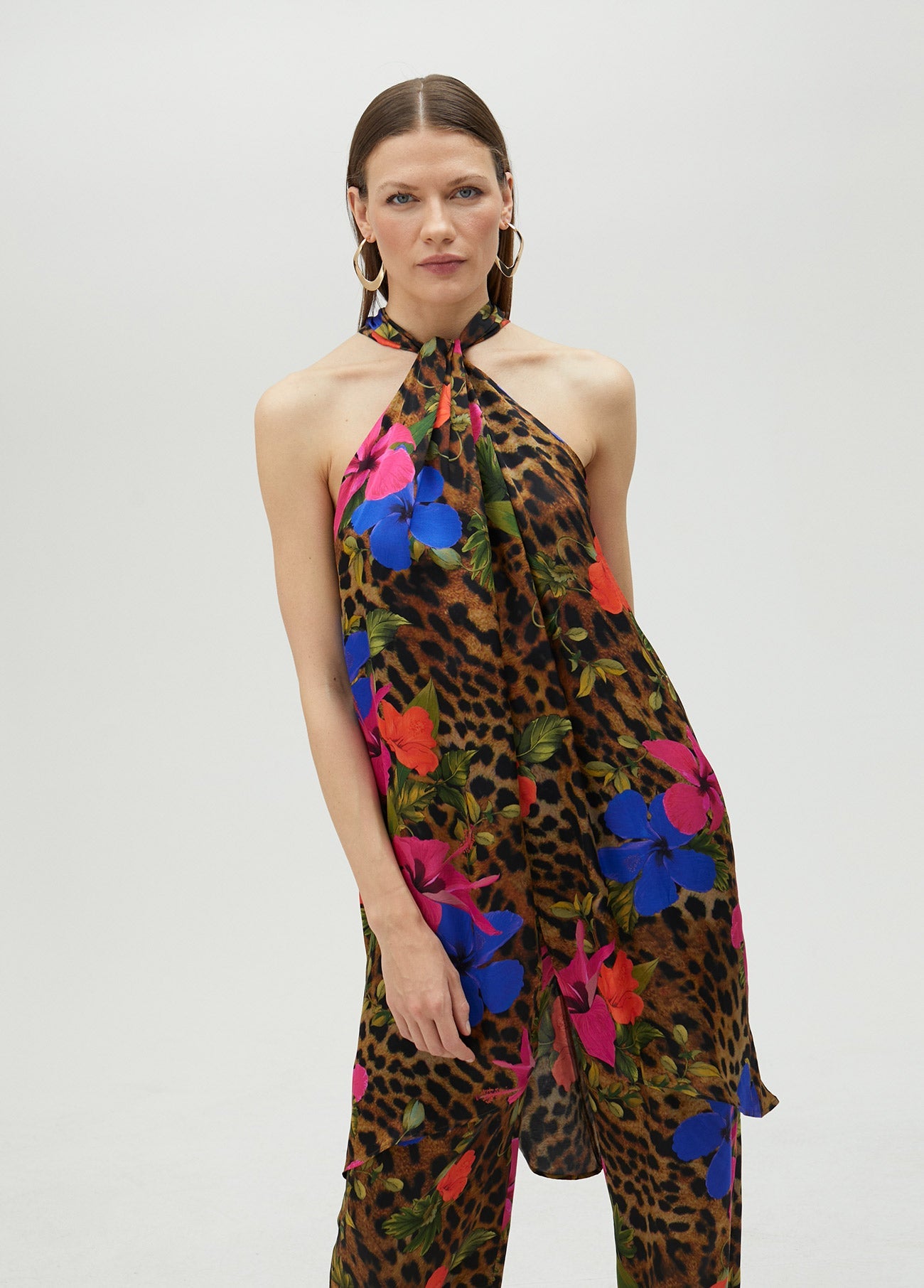 Floral and animal print voluminous halter top