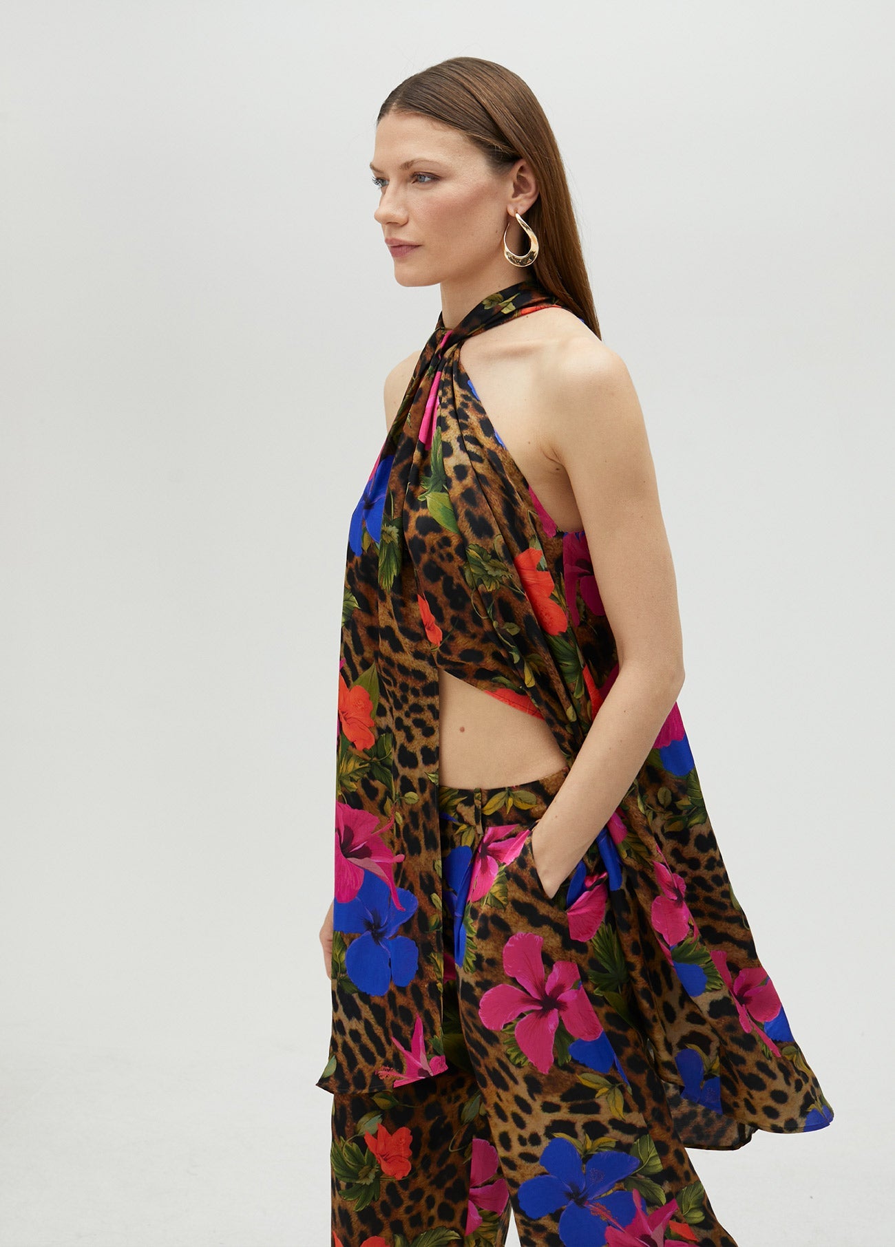 Floral and animal print voluminous halter top