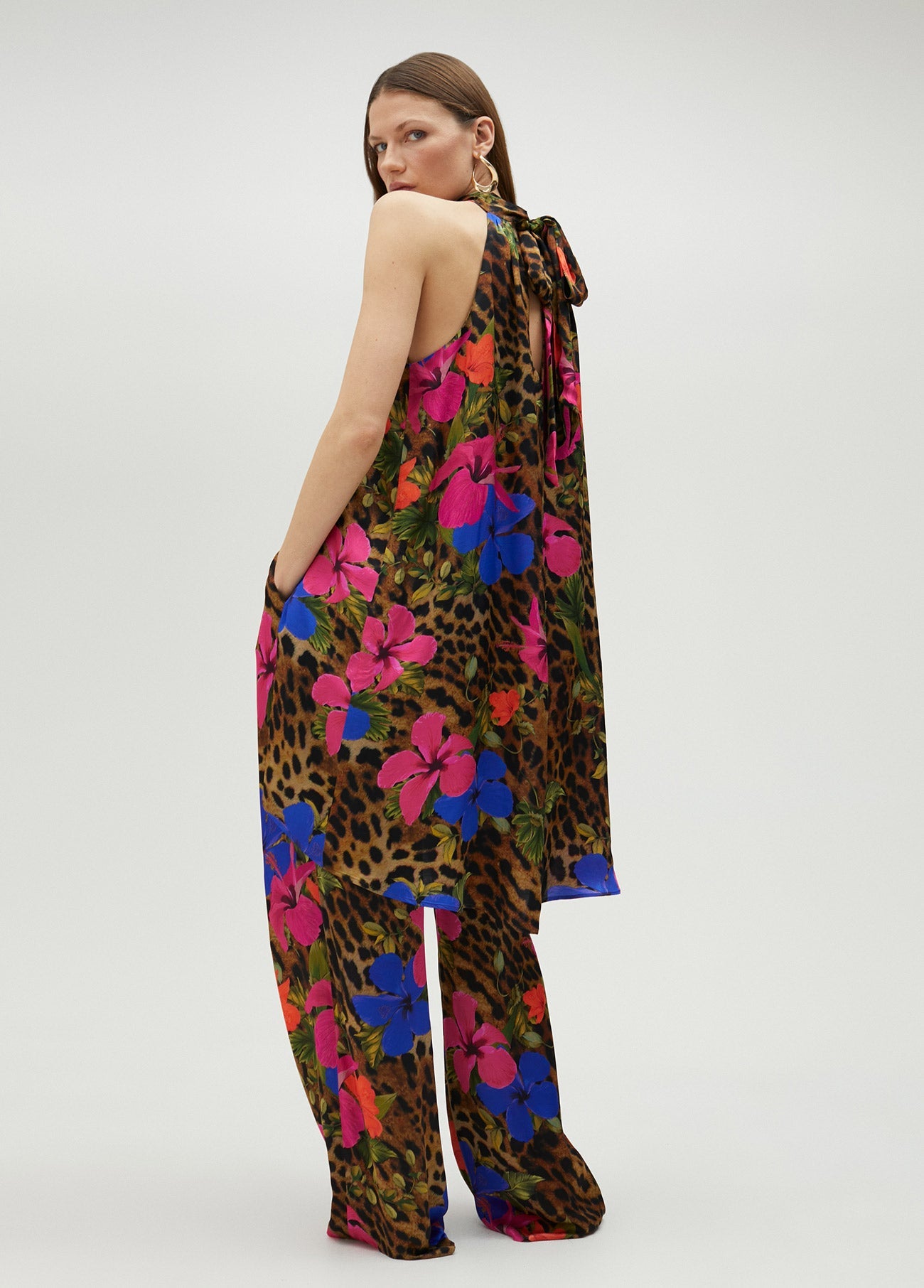 Floral and animal print voluminous halter top